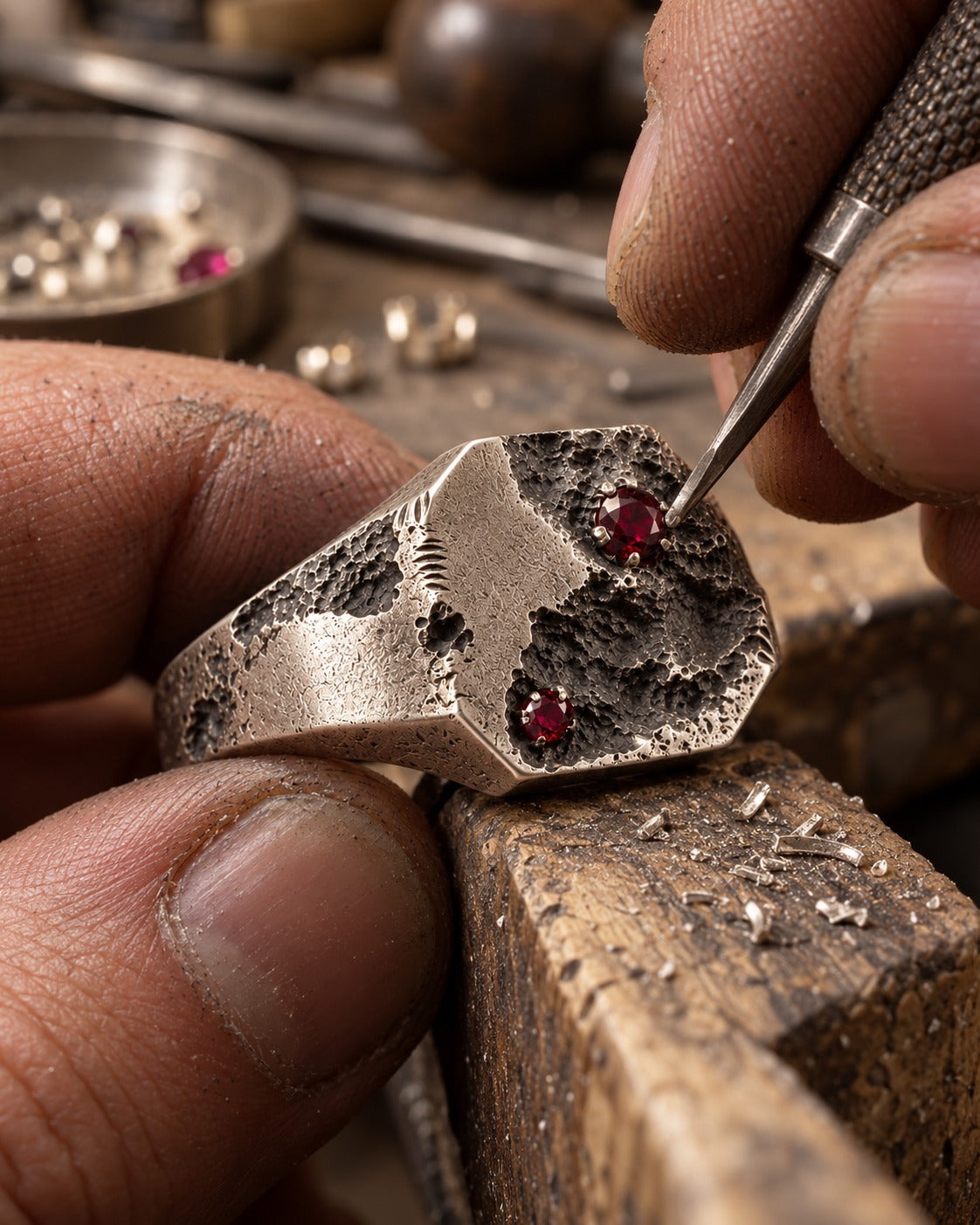 Ruby being set into a cratered silver signet ring
