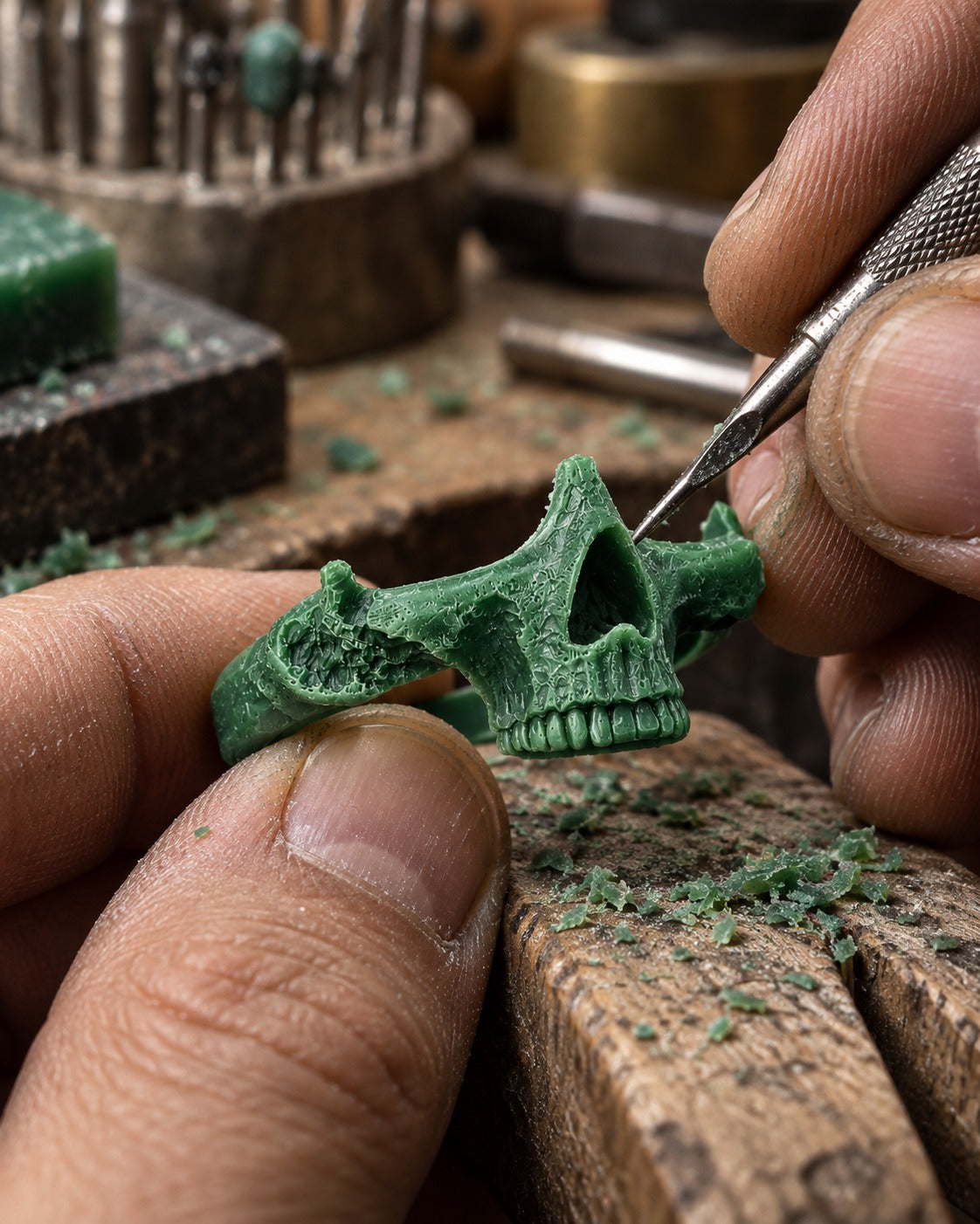 Green carving wax of a skull ring being cut with a steel tool