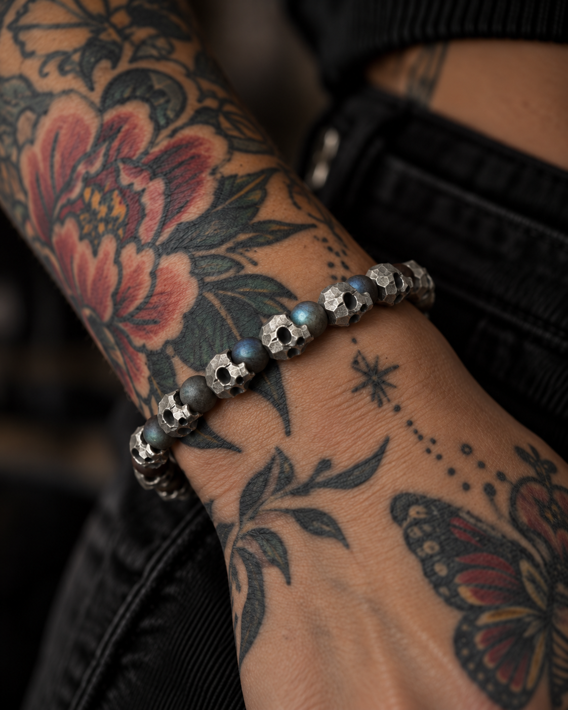 Raw I Bracelet in Labradorite Matte, worn on a wrist tattooed with a peony