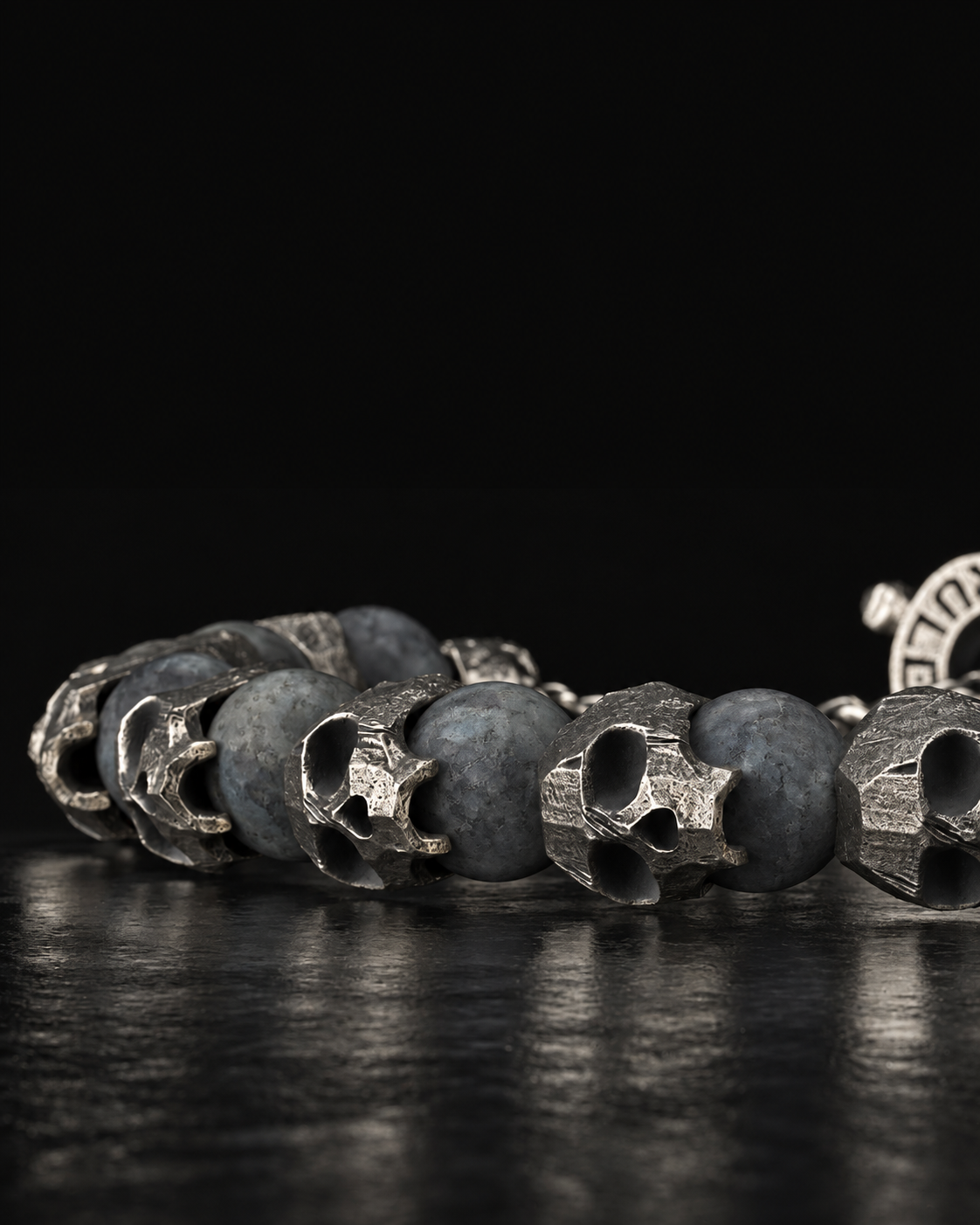 Raw I Bracelet close up, Labradorite Matte beads and pitted silver skulls