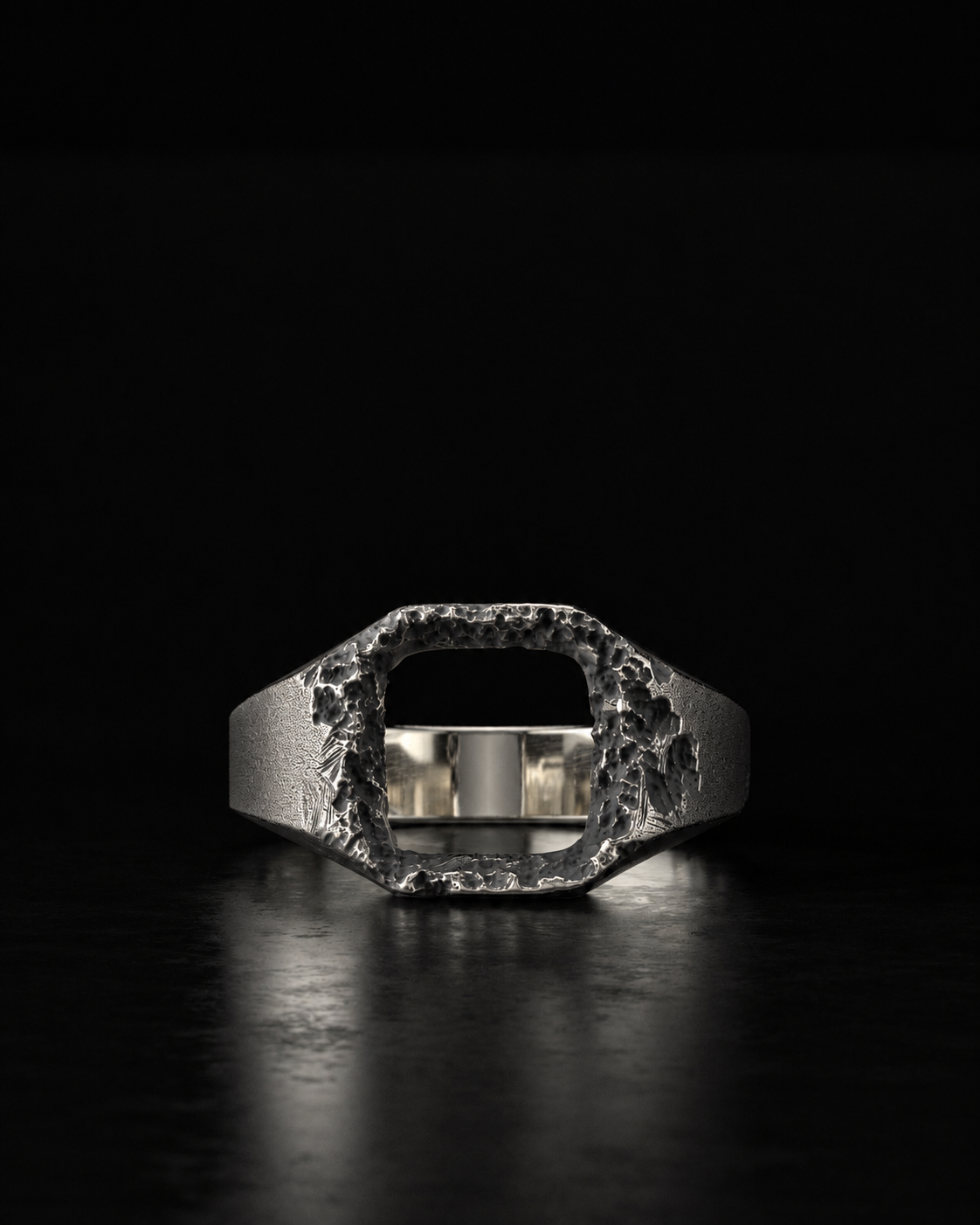Raw III Ring, square window cut through the signet face with broken edges, on black