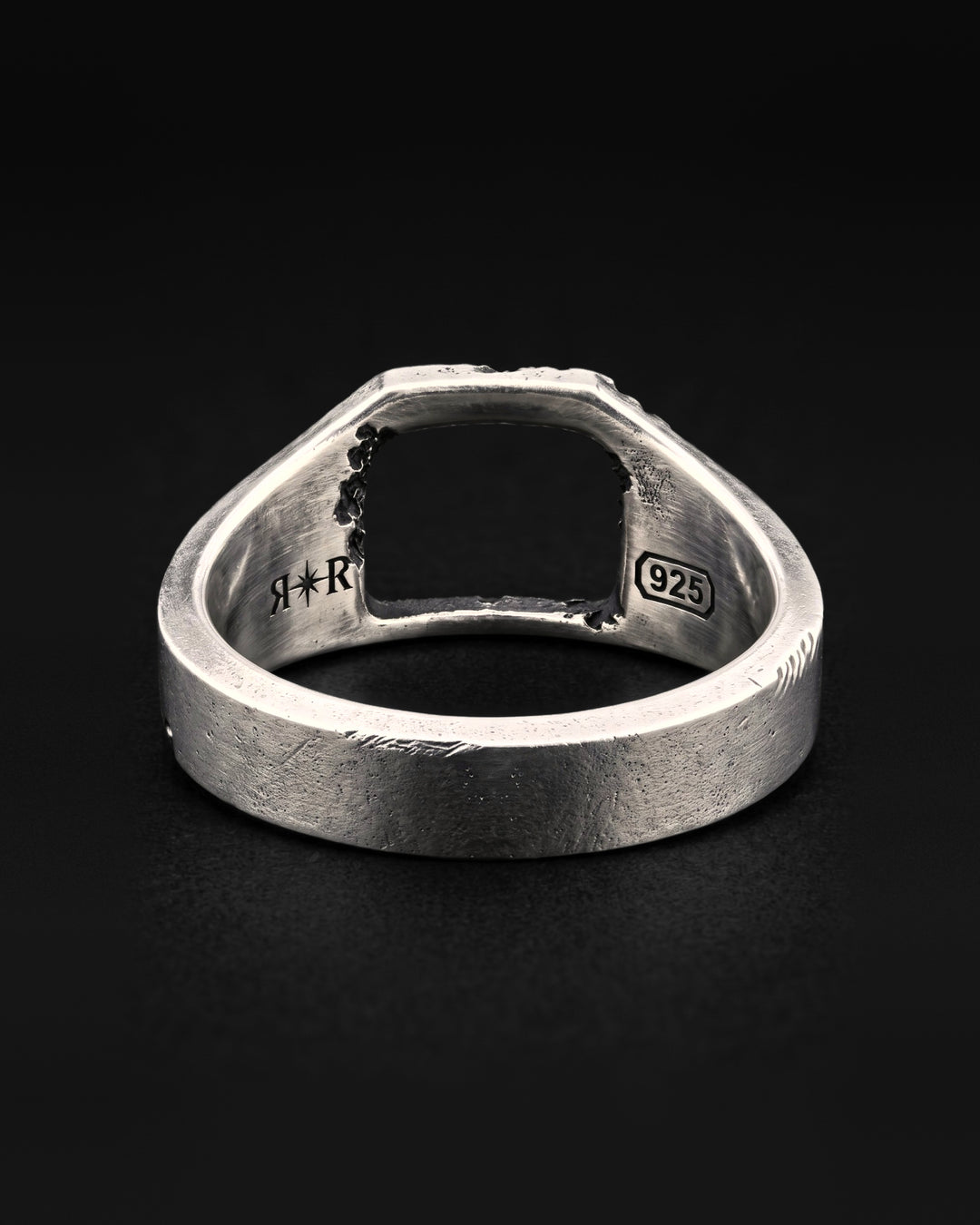 Raw III Ring from behind, the open window seen through the band and the RR star hallmark and 925 laser engraved on either side