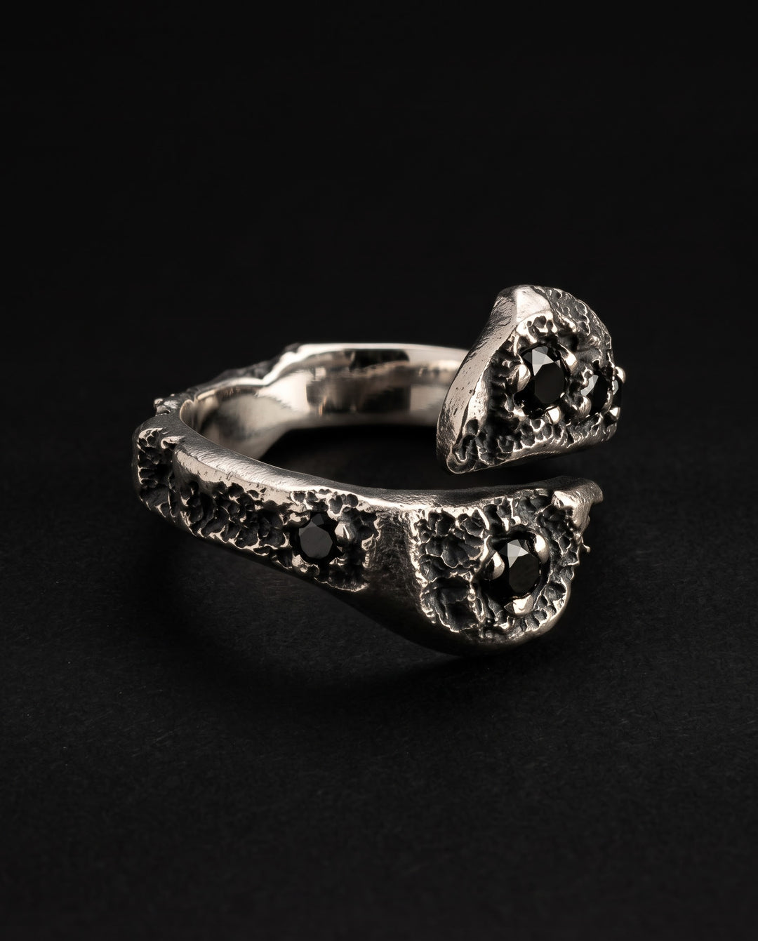 Raw XVII Ring at an angle, the two cratered heads with black stones passing each other, mirror-polished inside