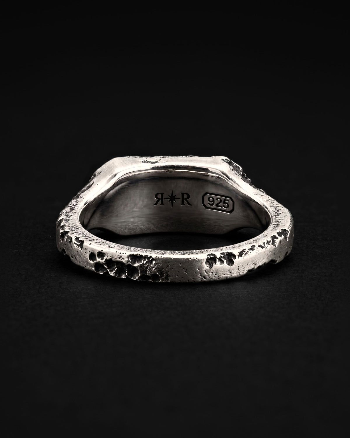 Raw XVIII Ring from behind, the mirror-polished inside with the R✦R and 925 hallmarks